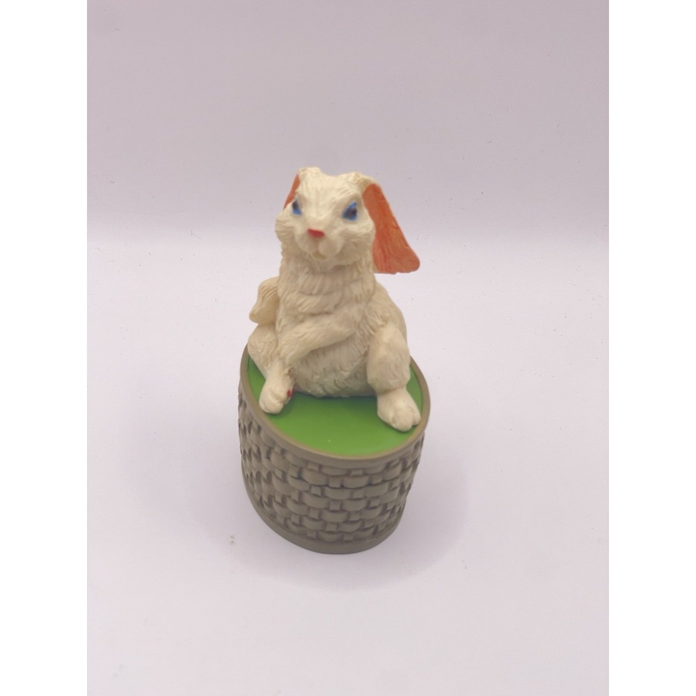 Rabbit Trinket Box Resin Green Basket White Bunny Easter Pink Ears 3.25" Smiling